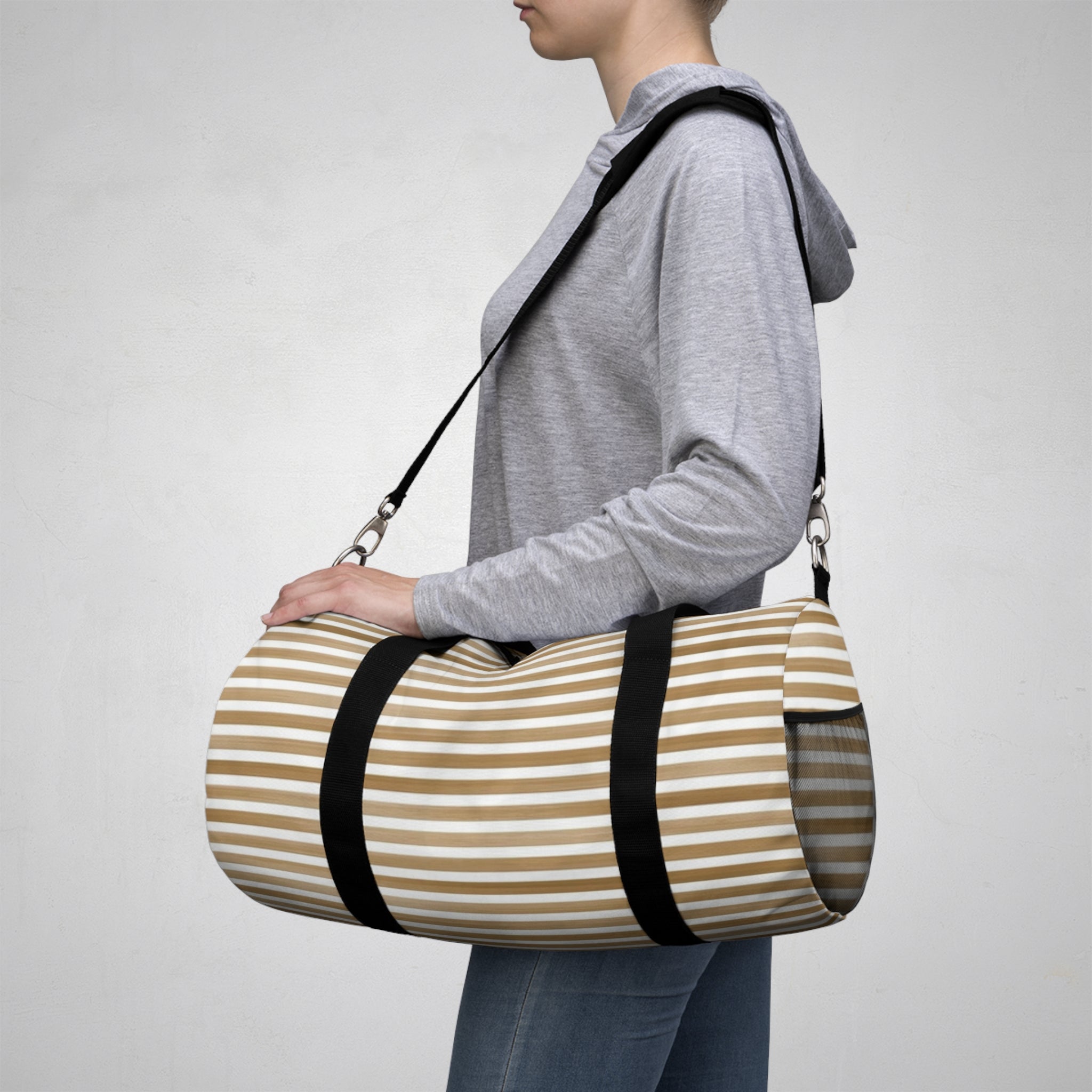 Beige Striped Travel Duffel Bag