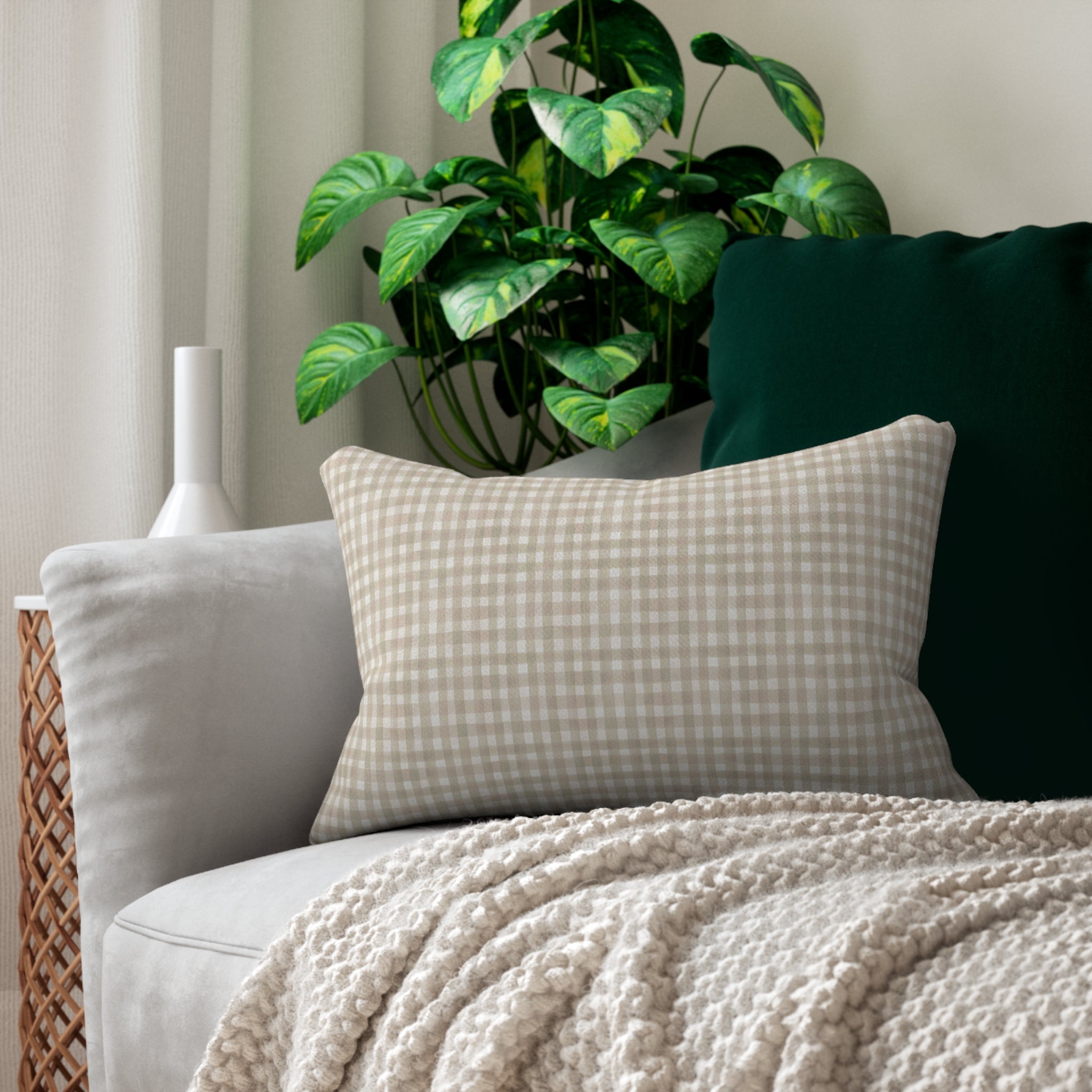 Beige Gingham Lumbar Pillow