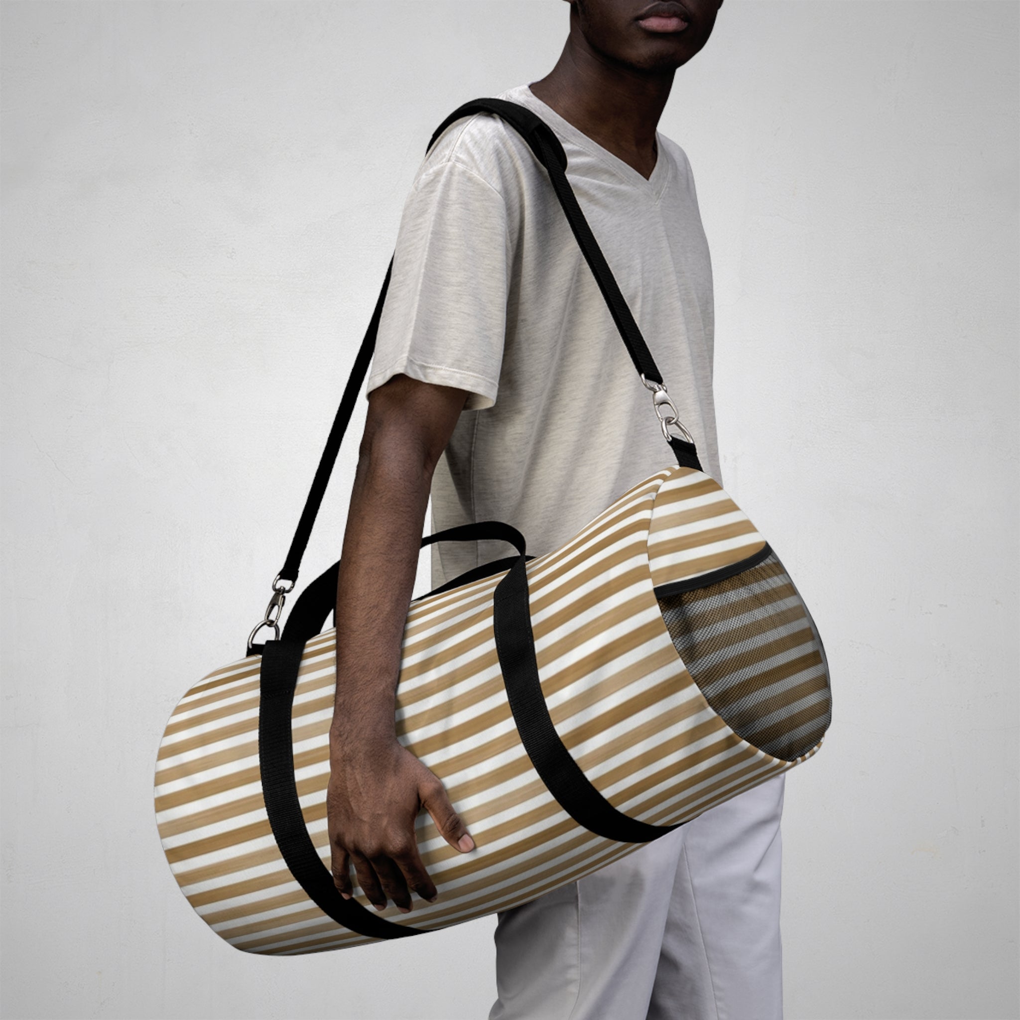 Beige Striped Travel Duffel Bag